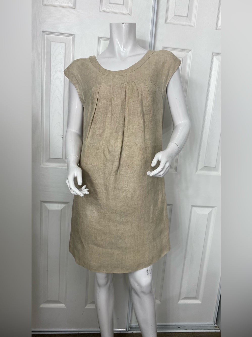 💯Linen Thread Social Natural Beige Pleated Cap-Sleeve Mini Dress